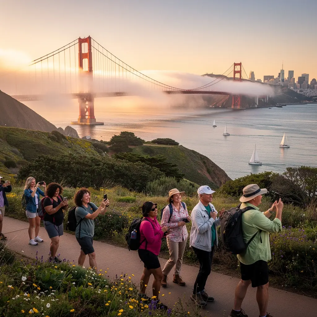 Приключение в заливе Сан-Франциско с видом на мост Золотые Ворота и трамваи.