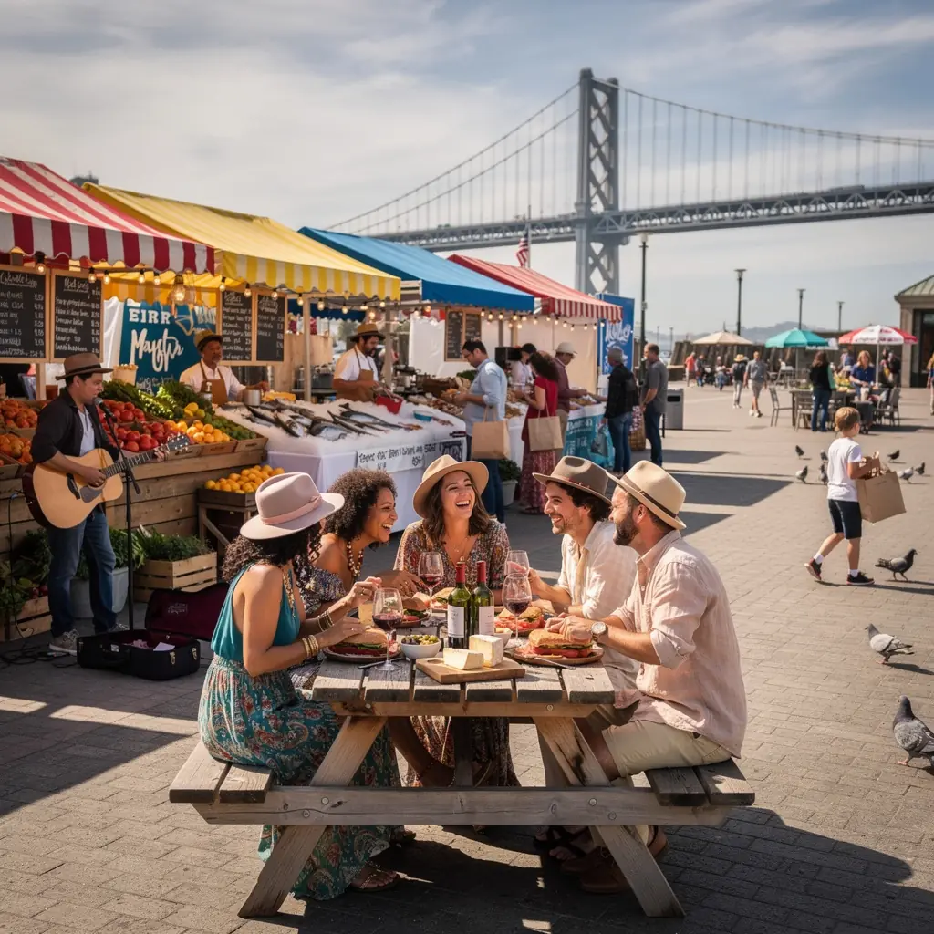 Панорама залива Сан-Франциско с видом на мост Золотые Ворота и канатные дороги.