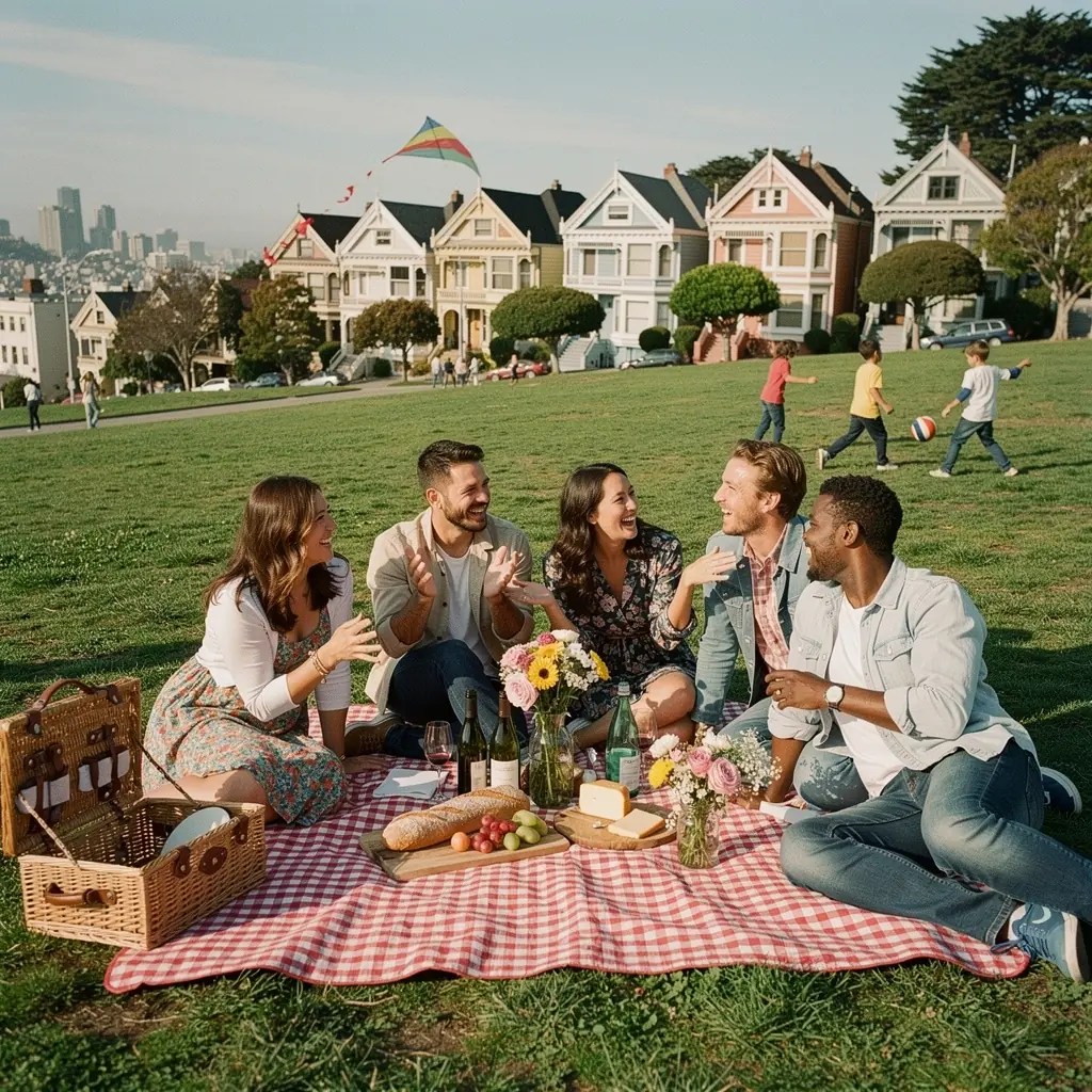 Кабельный автомобиль, движущийся по живописным улицам Сан-Франциско.